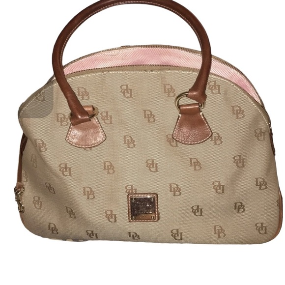 Dooney & Bourke large tan & brown canvas bag leather trim key strap - Picture 1 of 16